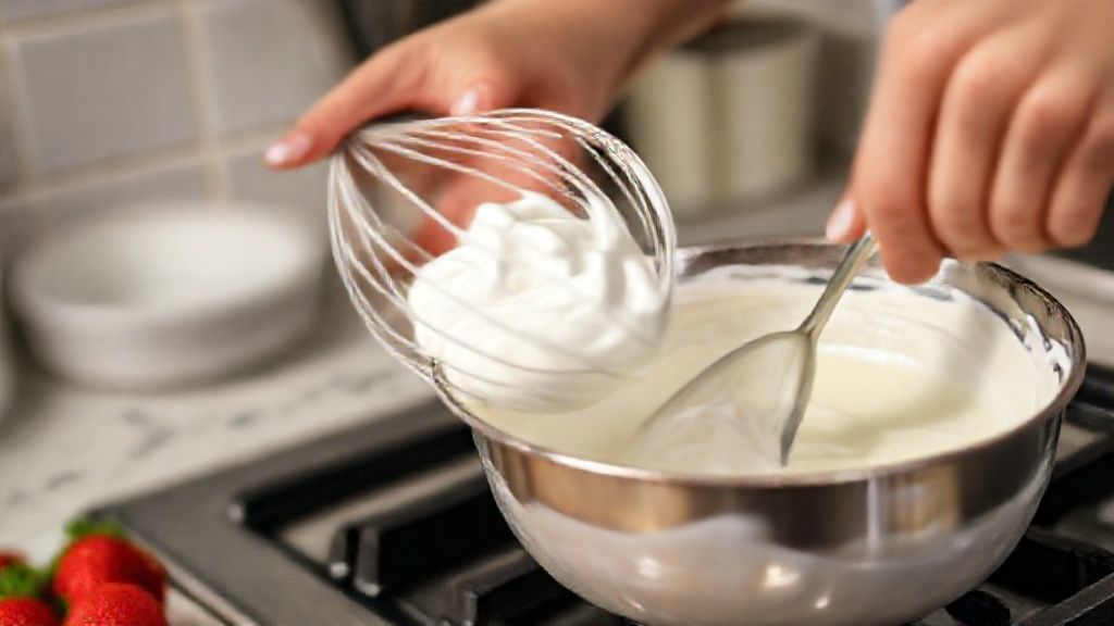 Mãos batendo claras na batedeira e preparando o creme leve ao fogão.