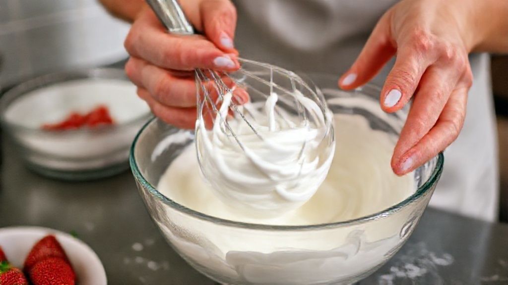 Mãos batendo claras em neve para formar o merengue em uma tigela de vidro
