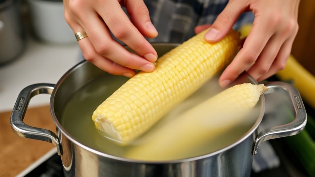 Mãos colocando espigas de milho na panela com água fervente, mostrando o momento do cozimento.