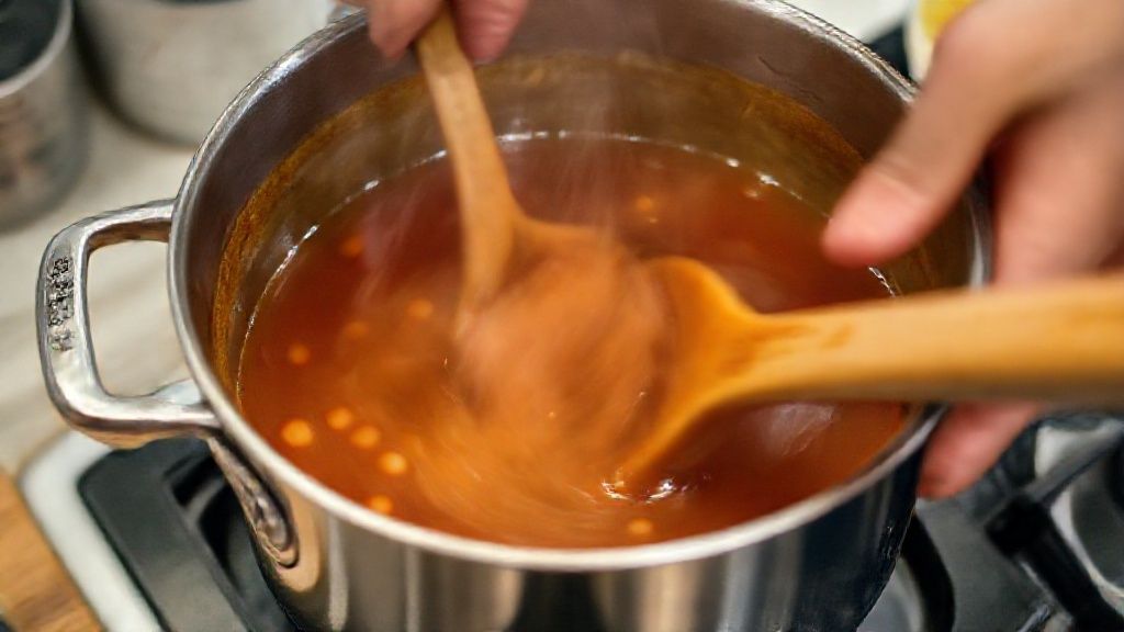 Mãos misturando os ingredientes do molho agridoce em uma panela durante o cozimento