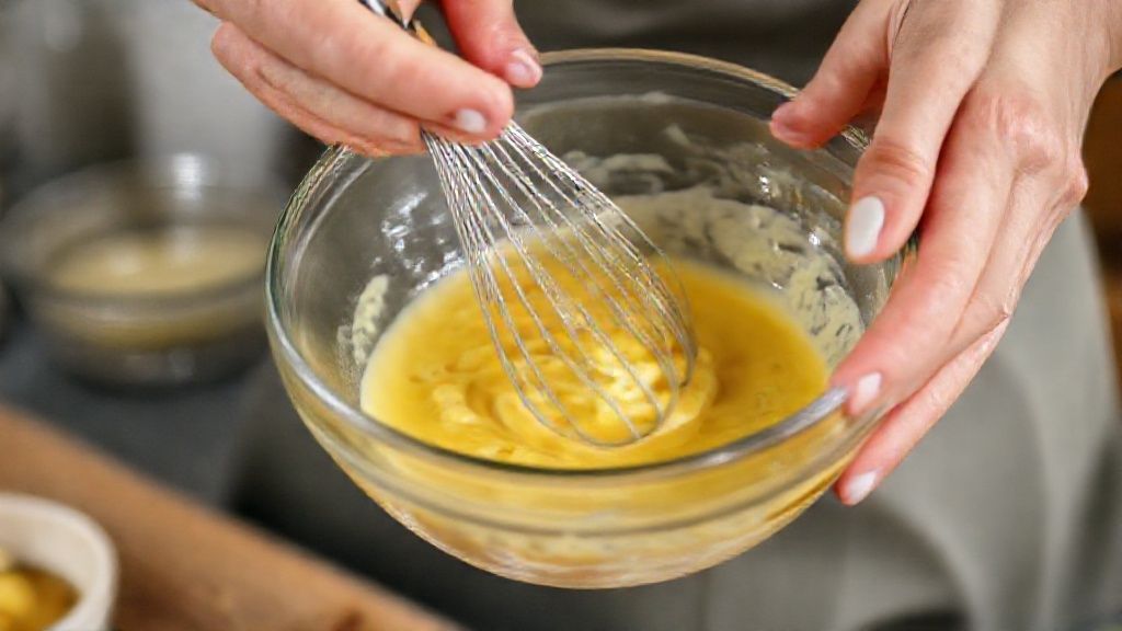 Mãos misturando os ingredientes do molho de mostarda e mel com batedor em tigela de vidro.