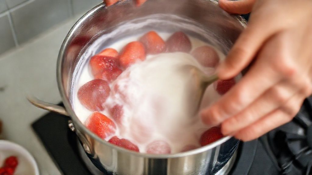 Mãos mexendo os morangos na panela e preparando a geleia caseira para a sobremesa