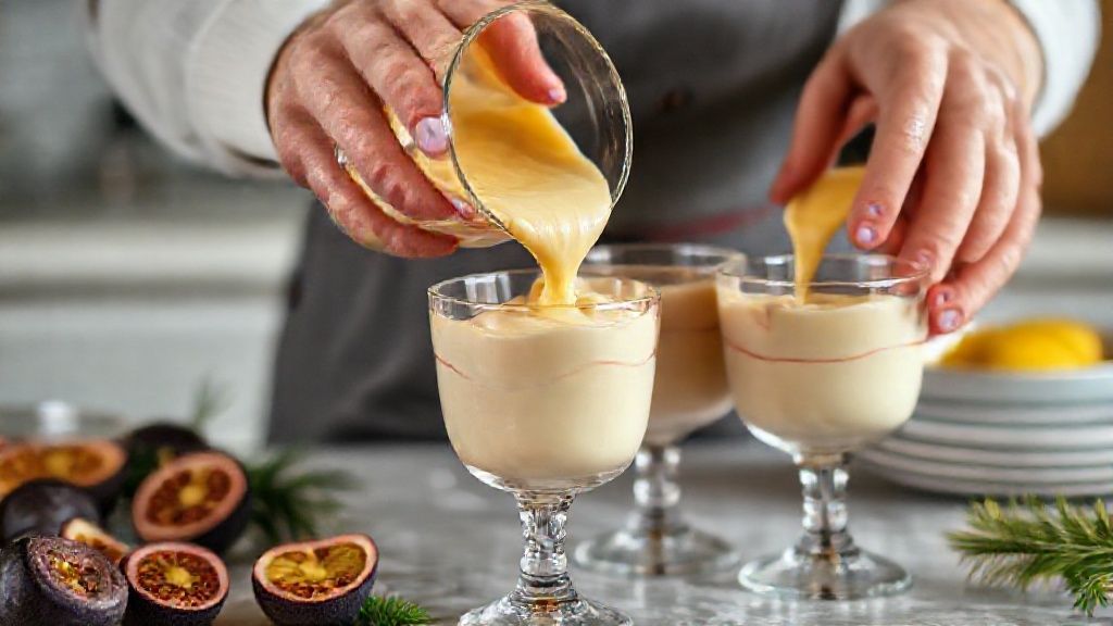 Mãos misturando o creme de maracujá no liquidificador durante o preparo da receita