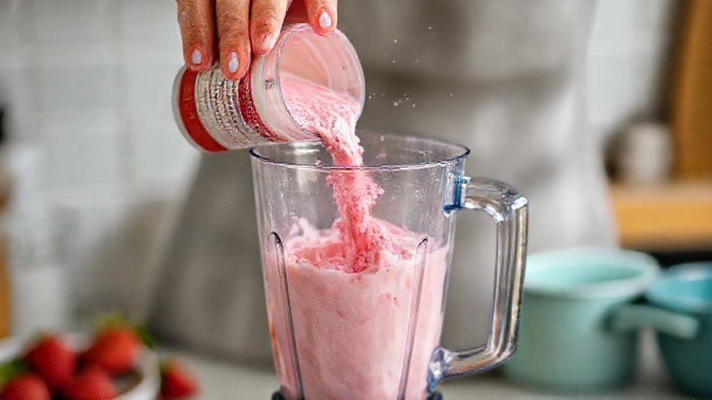 Mãos adicionando o suco em pó ao liquidificador com a mistura de leite condensado e creme de leite.