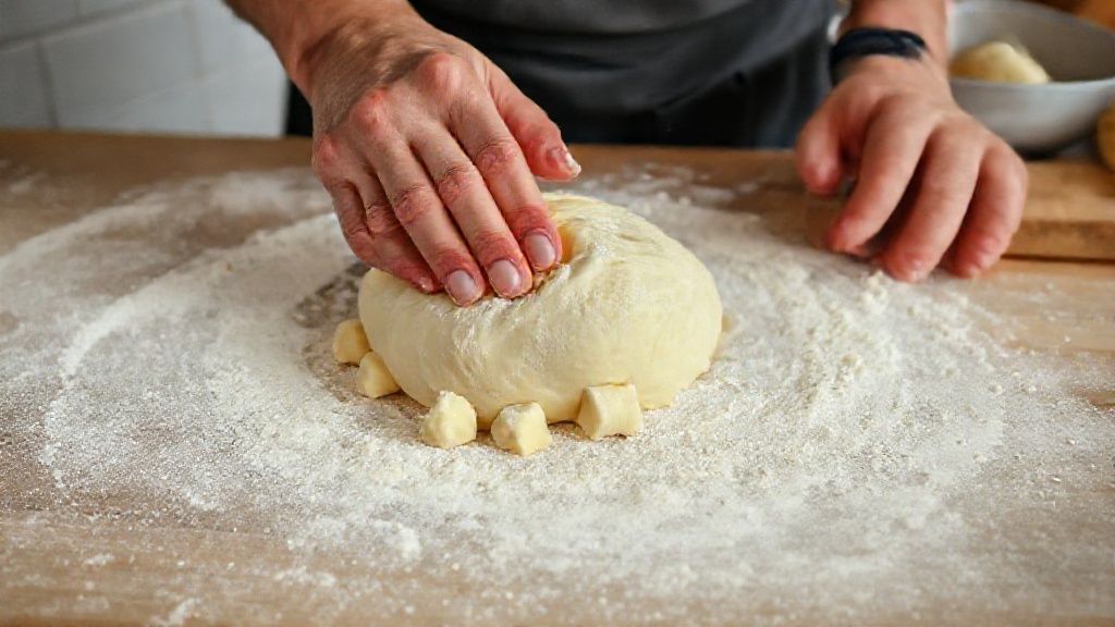 Mãos misturando massa de nhoque em uma bancada enfarinhada, mostrando a textura correta