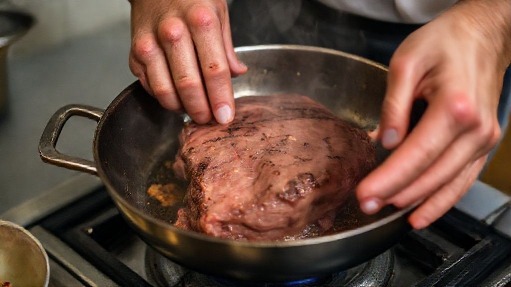 Mãos dourando os pedaços de ossobuco em frigideira quente durante o preparo da receita