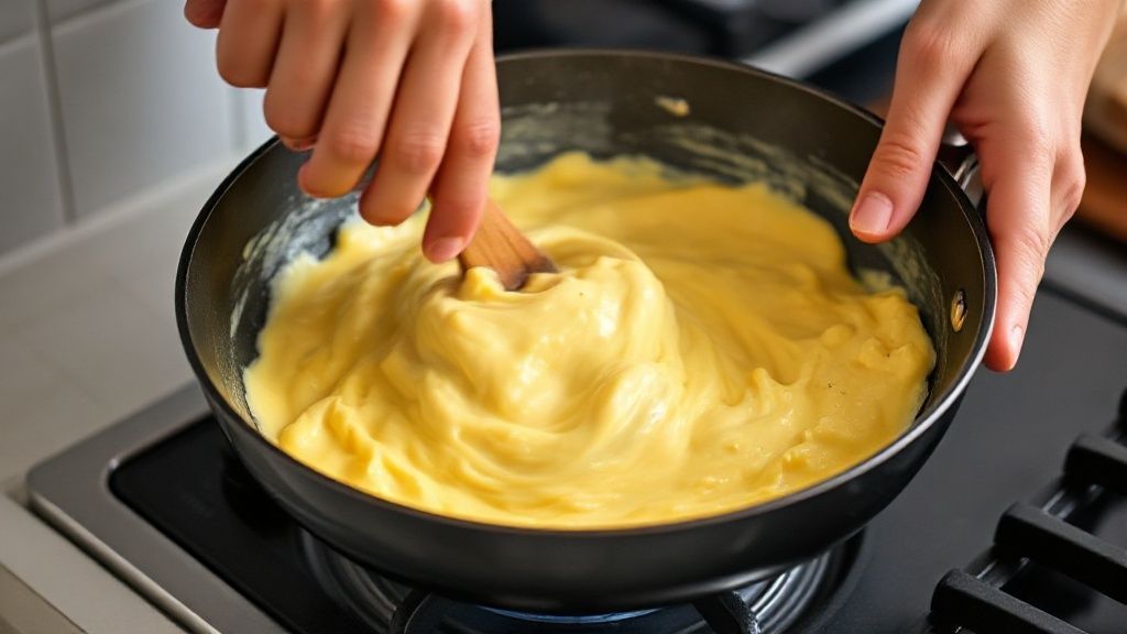 Mãos mexendo ovos cremosos em fogo baixo em frigideira antiaderente