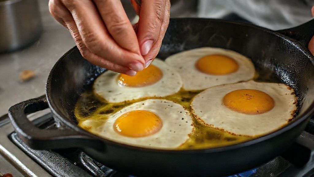 Mãos colocando ovos caipiras em uma frigideira de ferro quente durante o preparo