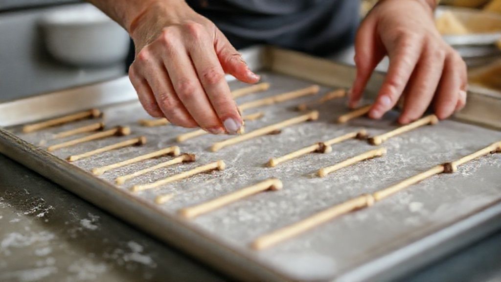 Mãos moldando palitinhos finos de massa sobre assadeira antes de assar
