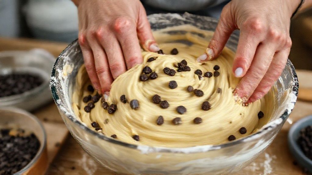Mãos misturando a massa com gotas de chocolate durante o preparo do panetone