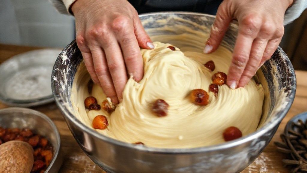 Mãos misturando a massa do panetone na tigela com frutas cristalizadas sendo incorporadas