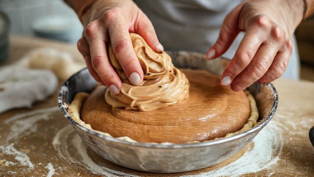 Mãos recheando a massa do panetone com o creme de brownie antes da segunda fermentação
