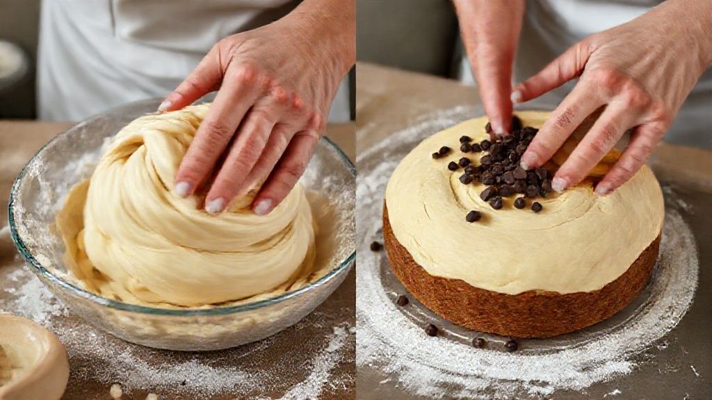 Mãos misturando a massa e incorporando frutas e gotas de chocolate durante o preparo dos panetones