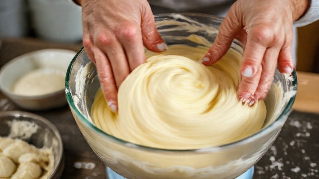 Mãos misturando a massa do panetone em tigela, etapa crucial do preparo.