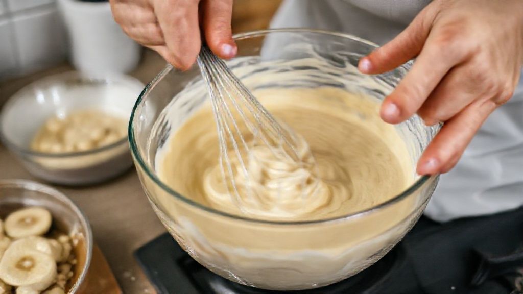 Mãos misturando a massa cremosa de banana e aveia em um bowl com fouet, mostrando o processo do preparo