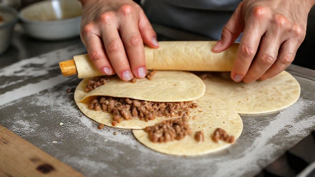 Mãos enrolando panquecas e espalhando o recheio cremoso de carne moída