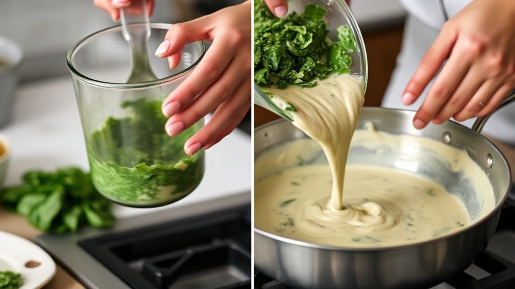 Mãos batendo a massa verde de espinafre no liquidificador durante o preparo da receita