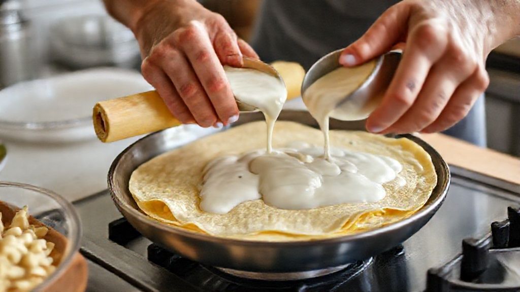 Mãos recheando e enrolando as panquecas de frango antes de cobrir com o molho branco