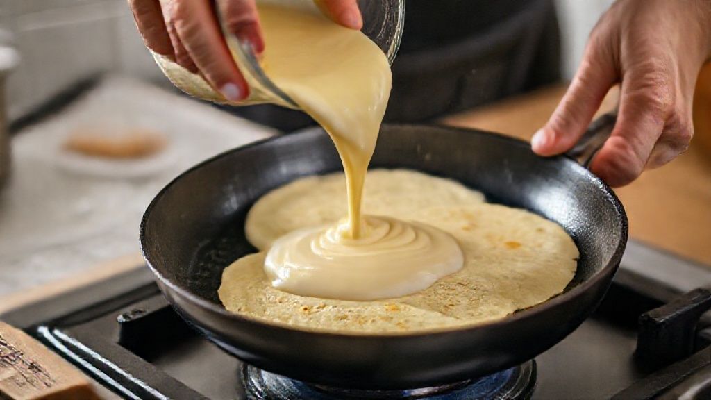 Mãos despejando a massa da panqueca Dukan em frigideira antiaderente