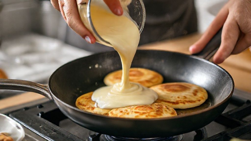 Mãos despejando a massa na frigideira quente, ilustrando o preparo passo a passo da panqueca