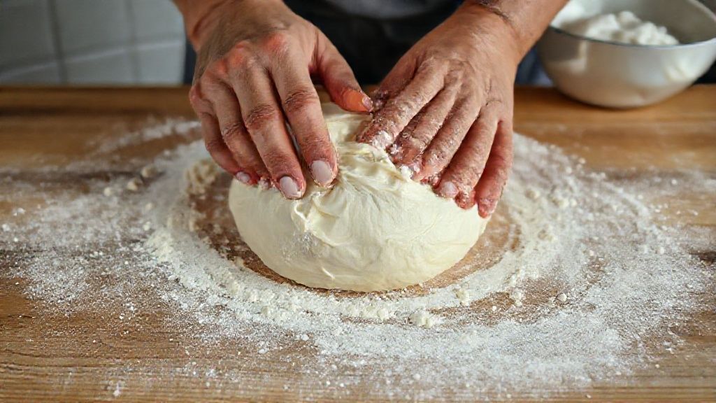 Mãos sovando a massa de pão com creme de leite em uma bancada enfarinhada.