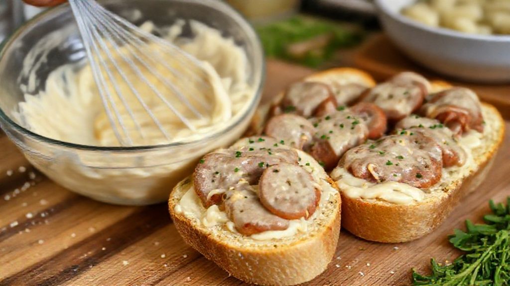 Mãos misturando o creme de alho e recheando os pães antes de levar ao forno