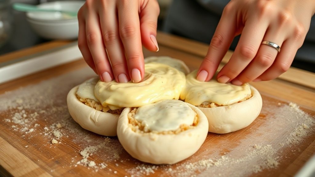 Mãos abrindo a massa e espalhando o recheio cremoso de alho e queijo
