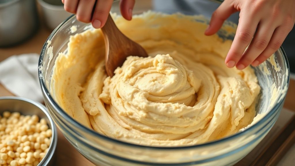Mãos misturando a massa de pão de fubá em tigela, demonstrando o ponto ideal antes da fermentação.