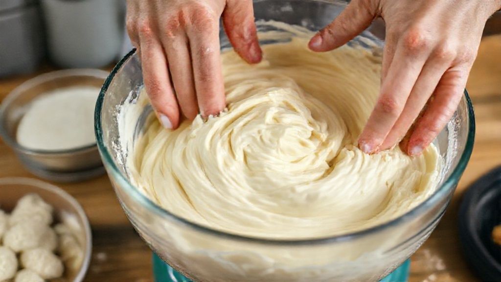 Mãos adicionando farinha à mistura líquida batida no liquidificador, mostrando a textura cremosa da massa