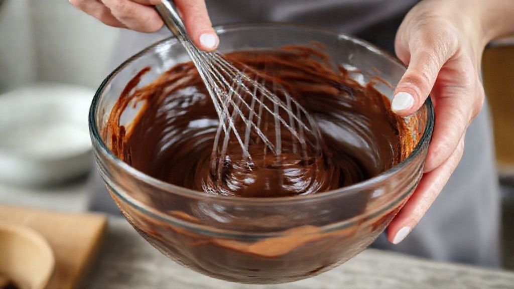 Mãos misturando delicadamente a massa de chocolate em tigela de vidro