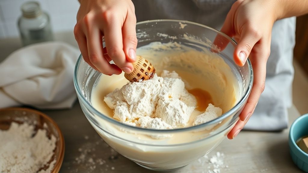 Mãos misturando a massa de pão de mel em uma tigela, com ingredientes visíveis ao redor.
