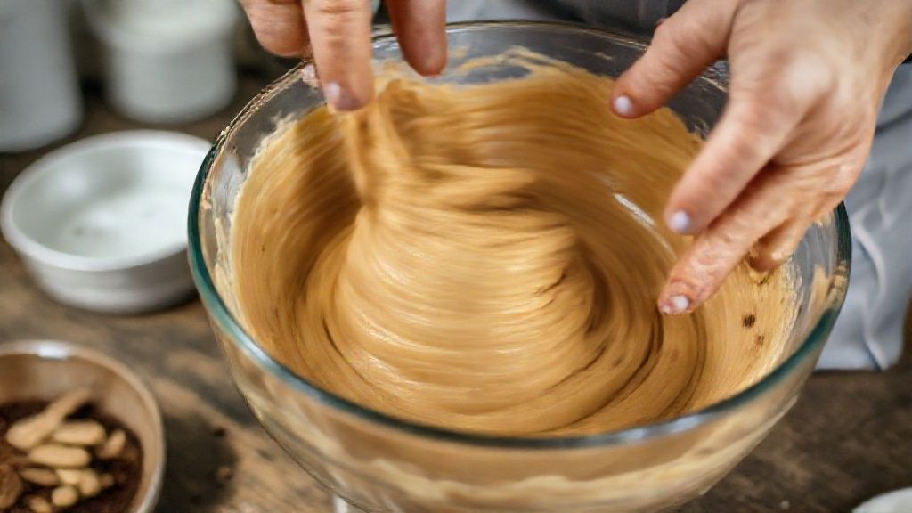 Mãos misturando a massa do pão de mel em uma tigela de vidro durante o preparo