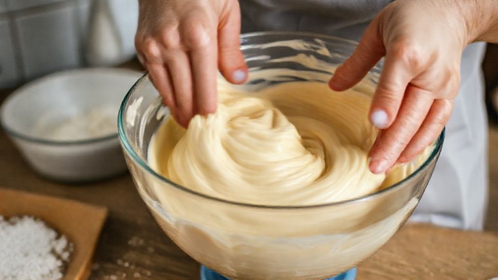 Mãos misturando a massa do pão de mel em uma tigela, com utensílios e ingredientes ao redor
