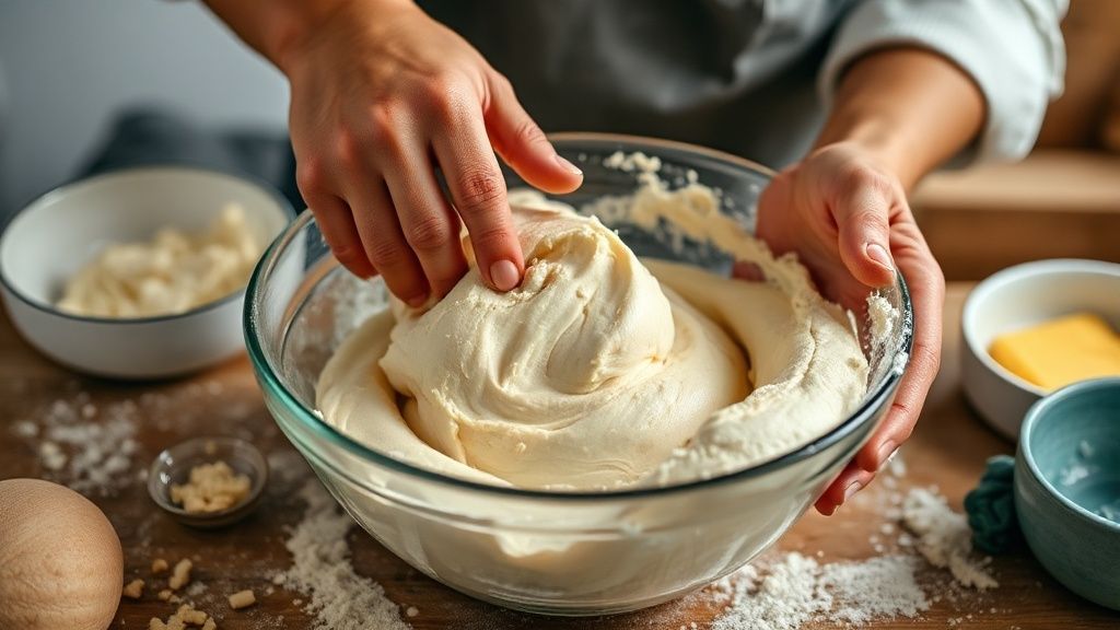Mãos misturando massa de pão de queijo escaldado em tigela rústica