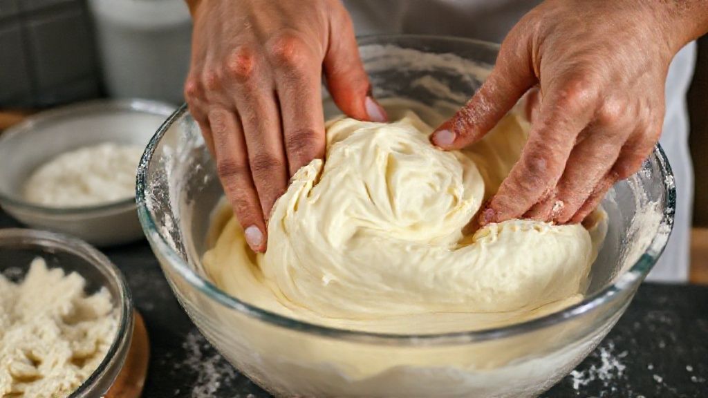 Mãos misturando a massa do pão de queijo em uma tigela, mostrando a textura pegajosa.