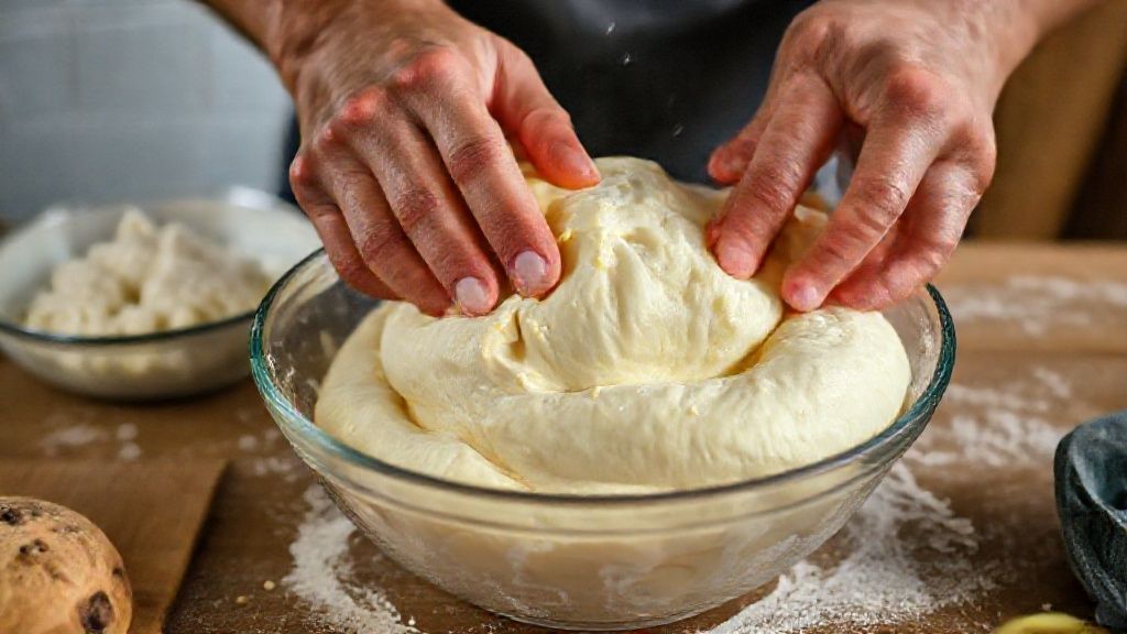 Mãos misturando a massa escaldada e incorporando o queijo ralado