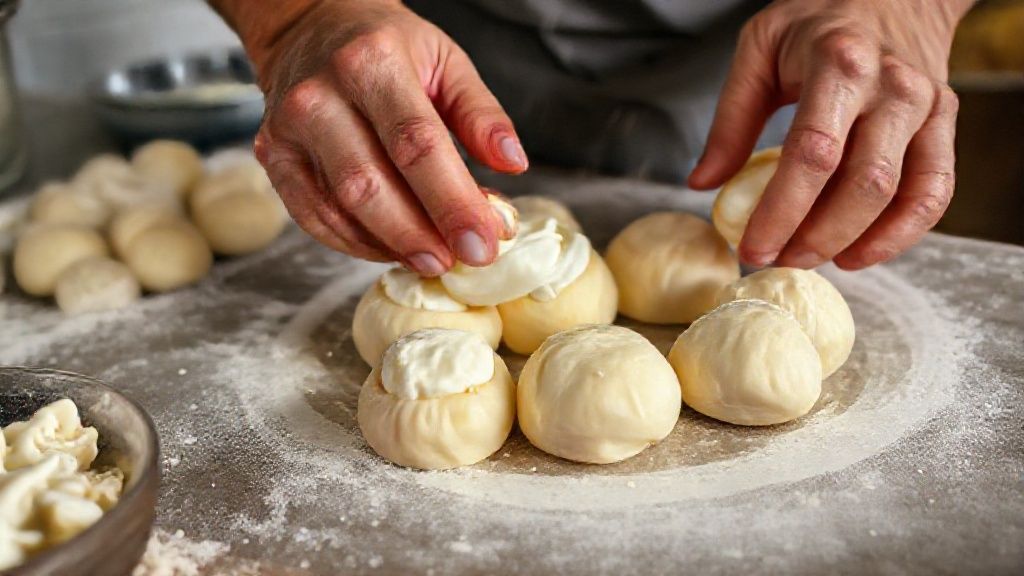 Mãos modelando bolinhas de massa e recheando com requeijão cremoso