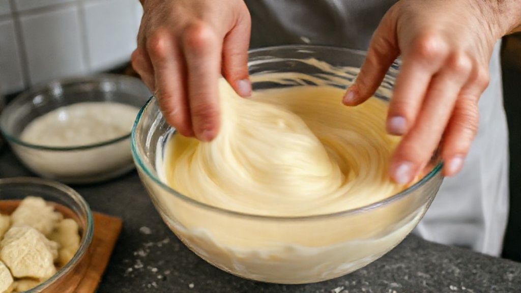 Mãos mexendo a massa de pão de queijo em tigela de vidro, mostrando a textura cremosa.