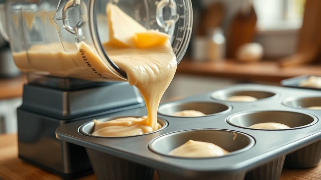 Mãos despejando a massa cremosa do liquidificador em forminhas antes de assar