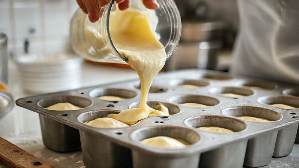 Mãos em ação despejando a massa batida nas forminhas antes de ir ao forno.