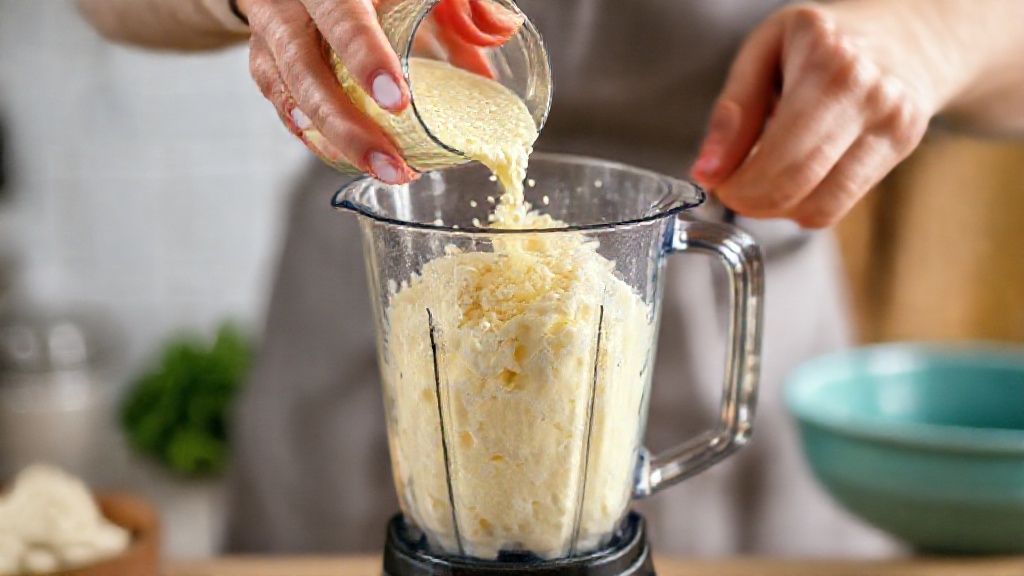 Mãos adicionando os ingredientes no liquidificador e misturando a massa cremosa