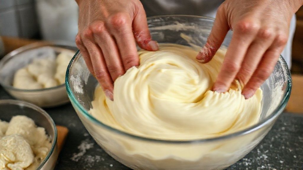 Mãos misturando a massa de pão de queijo em uma tigela grande durante o preparo