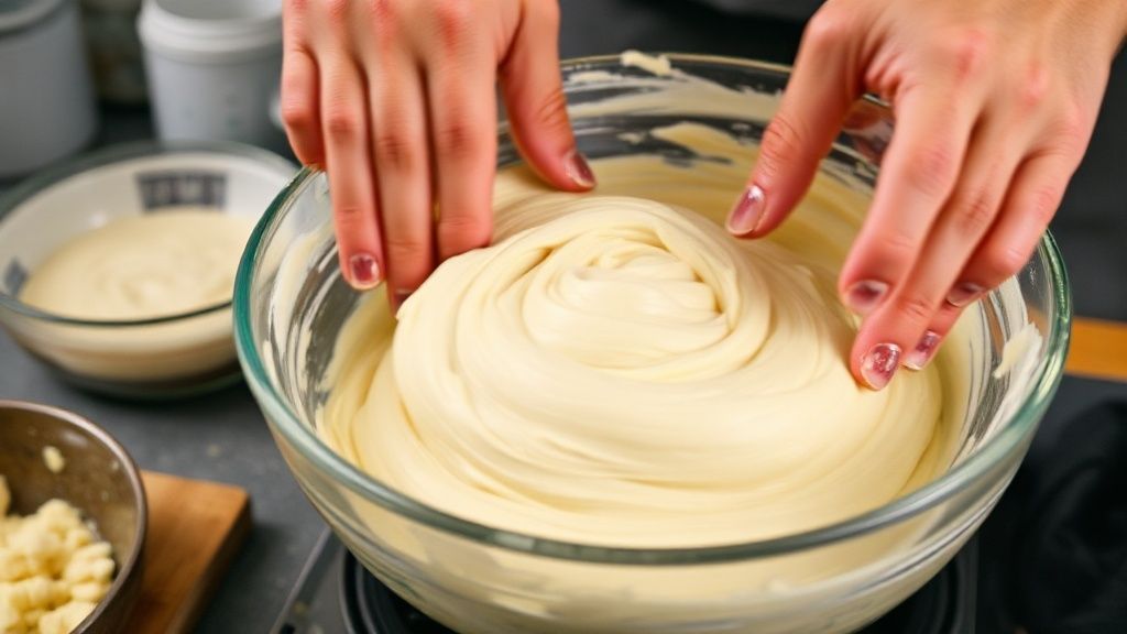 Mãos em ação misturando a massa do pão de queijo em uma tigela