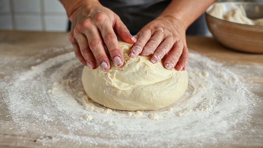 Mãos sovando a massa em uma bancada enfarinhada, enquanto o creme esfria ao fundo em uma tigela
