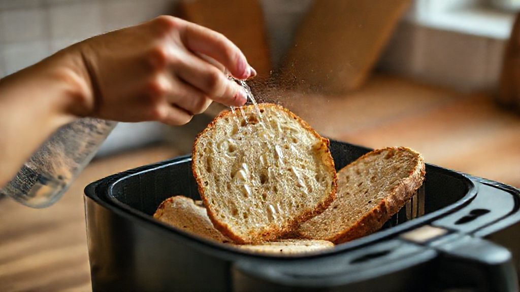 Mãos borrifando água sobre os pães e colocando-os na cesta da air fryer