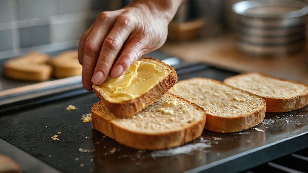 Mãos passando manteiga no pão e colocando na chapa quente