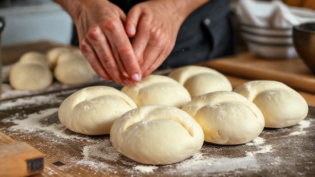 Mãos sovando a massa e modelando os pãezinhos antes de irem à airfryer