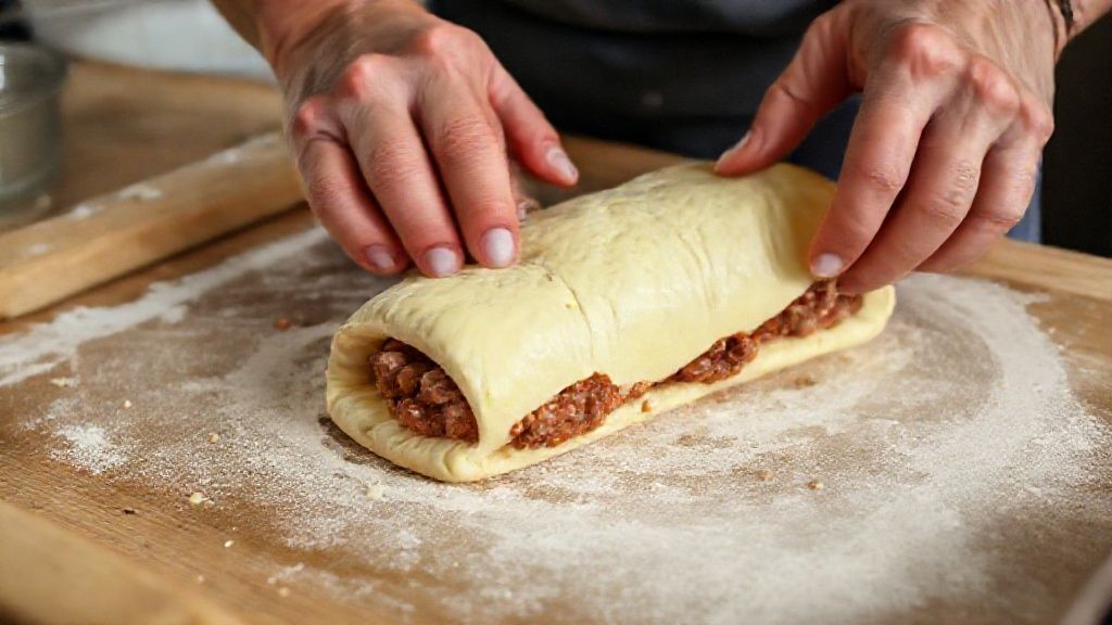 Mãos abrindo e recheando a massa com calabresa e queijo antes de enrolar o pão