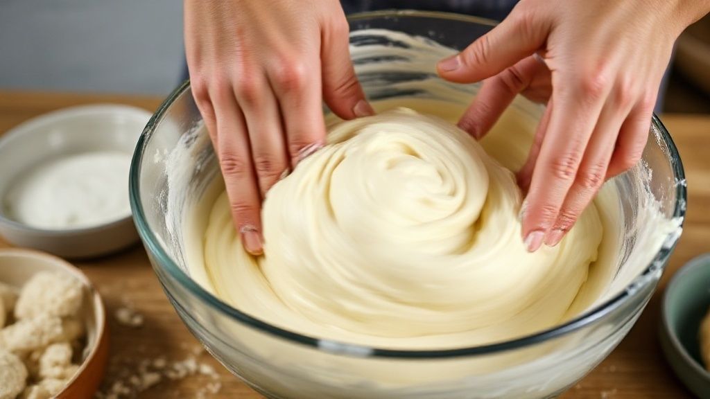 Mãos misturando a massa úmida do pão em uma tigela, mostrando o ponto ideal antes da fermentação.