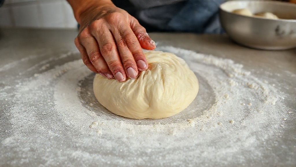 Mãos sovando massa de pãozinho lua de mel em superfície enfarinhada durante o preparo.